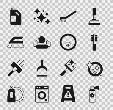 Oda spreyi sprey şişesini, bulaşık fırçasını, ıslak mendil şişesi ve robot elektrik süpürgesi ikonunu temizlemek için hazırla. Vektör.