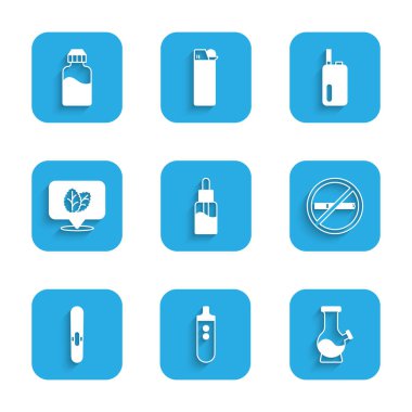 Elektronik sigara nargilesi, sigara içilmez sigara tütünü yaprağı ve ikonu hazırla. Vektör.