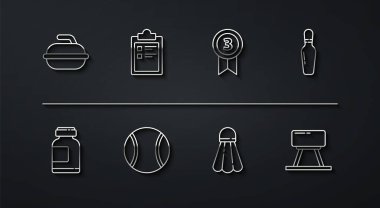 Kıvırcık spor oyunu Sports Suprition Bowling pin Badminton mekik Tenis topu antrenman programı Pommel Horoz ve Madalya ikonu için Set Stone. Vektör.