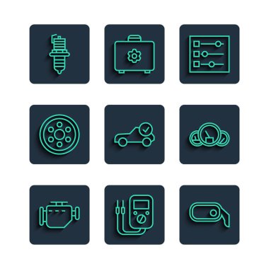 Hat Kontrolü Motoru Multimetre Araba dikiz aynası ayarları Otomotiv Alloy tekerlek bujisi ve Hız göstergesi simgesini kontrol et. Vektör.