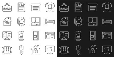 House Online gayri menkul, yatak garaj evi ile birlikte satıştaki yazılar satıldı ve plan simgesi satıldı. Vektör.