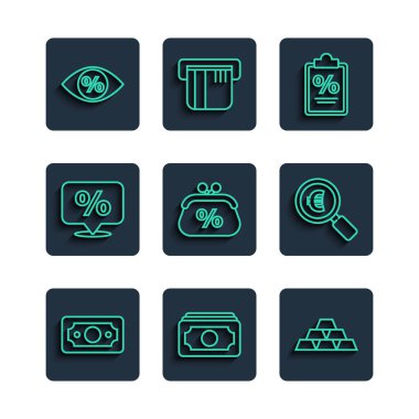 Hat Stacks kağıt para nakit altın külçe Finans belgesi Cüzdan yüzde İndirim etiketi Göz ve büyüteç ve avro ikonu ile. Vektör.