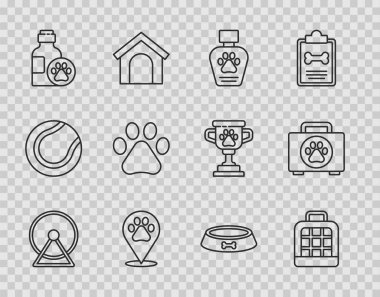 Hamster tekerleği evcil hayvan çantası, şampuan, veteriner Paw marka yemek kasesi ve ilk yardım çantası ikonu. Vektör.