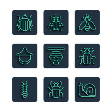 Arılar için Kokan Çıyan böcek Salyangoz Kovanı, Colorado böceği ve Chafer ikonu hattı kurun. Vektör.