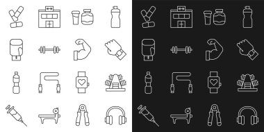 Sıralı kulaklıklar, ağırlıklar, akıllı kol, spor koltuk değneği, halter boks eldiveni, vitamin hapı ve vücut geliştirici kas ikonu. Vektör.