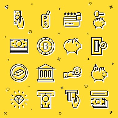 Bankamatik ve para bankasını bozuk paralarla donat kredi kartı kilidi Bitcoin yığınları kağıt para hızlı ödemeler ve ikon. Vektör.