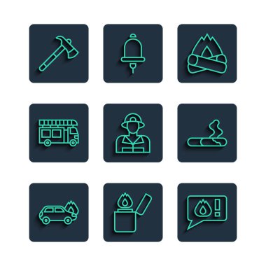 Yanan araba çakmak telefonu 911 Kamp İtfaiyesi baltası ve sigara ikonunu arayın. Vektör.