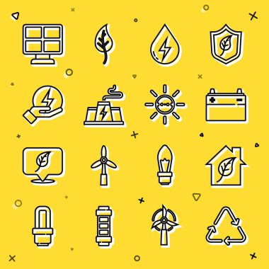 Hat Geri Dönüşüm Sembolü Otomobil Su Enerji Santrali Yıldırım Fabrikası Güneş paneli ve ikonu. Vektör.