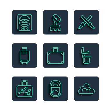 Hat Bavulu Uçak Pencere Bulutlu Hava Marshalling asaları tutum göstergesi ve koltuk simgesi ayarlayın. Vektör.