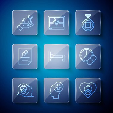 Disko topu, hastane reçeteli yatak ipliği, örgü iğnesi, ilaç hapı ya da tablet ikonu olan Büyükanne Erkek Kafası. Vektör.