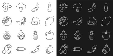 Domates, elma, salatalık, yeşil bezelye, portakal, fasulye ve kavun ikonu. Vektör.