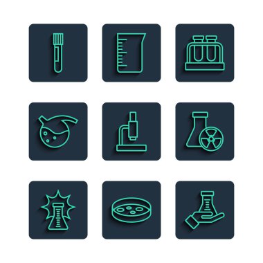 Chemical Explosion Petri kabını bakteri test tüpü, mikroskop ve radyasyon ikonu ile ayarla. Vektör.