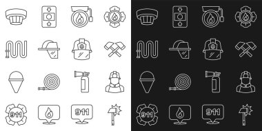 İtfaiyeci baltası alarm çanı çalan miğfer hortumu duman sistemi ve ikon. Vektör.