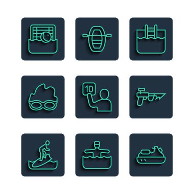 Sörf tahtası su jimnastik jeti yüzme havuzu ve yüzme polosu ve balıkçı zıpkını ikonu için hakemlerin merdiven değerlendirmesi. Vektör.