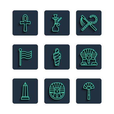 İskenderiye 'den Obelisk Mısır Firavunu hayranı Crook Flail Mumya Bayrağı Ankh ve Sfenks ikonu. Vektör.