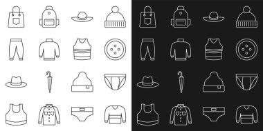 Şık kadın şapkası, pantolon çantası ve atlet ikonu için süveter erkek iç çamaşırı dikme düğmesi ayarlayın. Vektör.