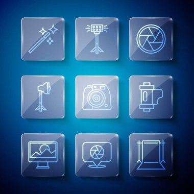 Kamera deklanşörü rötuşunu ayarla. Stüdyo kamerasının boş stüdyo lambası softbox ve film rulo kartuş ikonu. Vektör.