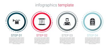 Trompet 'e bayrak, ferman, parşömen, parşömen, ortaçağ şövalyesi ve kale kapısı koyun. Ticari bilgi şablonu. Vektör.