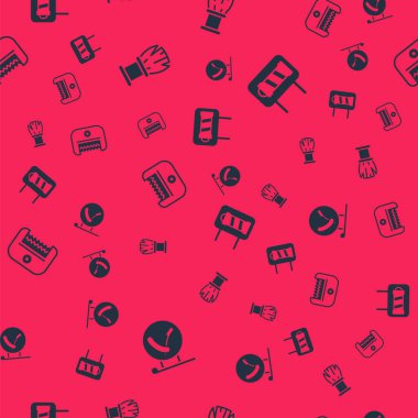 Berber dükkanını jiletle, tıraş fırçasıyla, elektrikli saç makasıyla ve dikişsiz desenli kazıkla ayarla. Vektör.