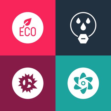 Pop sanat test tüpünü ve matarayı, bomba patlamasını, su damlasını ve Yaprak Çevre simgesini yasakla. Vektör.