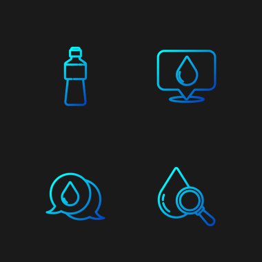 İpi bırak ve büyüteç, konuşma baloncuklu su damlası, bir şişe su ve yer. Renk simgeleri. Vektör.