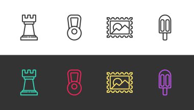 Set hattı iş stratejisi, Kettlebell, posta pulu ve siyah beyaz dondurma. Vektör.