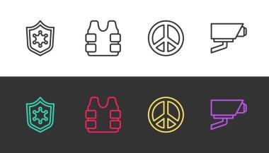 Polis rozeti, kurşun geçirmez yelek, siyah beyaz güvenlik kamerası. Vektör.