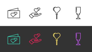 Sıralı tebrik kartı, kalp eli, kalp şeklinde balonlar ve siyah beyaz üzerine cam şampanya. Vektör.