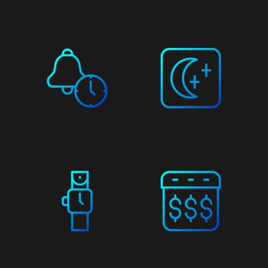 Bilek saati, çalar saat, ay ve yıldızlarla ödeme günü takvimini ayarla. Renk simgeleri. Vektör.