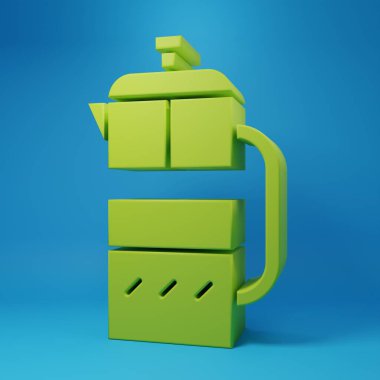 Green French press icon isolated on blue background. Minimalism concept. 3D render illustration.