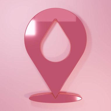 Pembe su damlası, pembe arka planda izole edilmiş konum simgesi. Minimalizm kavramı. 3 Boyutlu resimleme.
