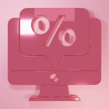 Pembe İndirim ve pembe arka planda izole edilmiş simge. Satış yüzdesi - fiyat etiketi, etiket. Minimalizm kavramı. 3 Boyutlu resimleme.