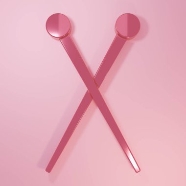 Pembe örgü iğneleri pembe arka planda izole edilmiş. El yapımı, örgü ya da terzi için etiket. Minimalizm kavramı. 3 Boyutlu resimleme.