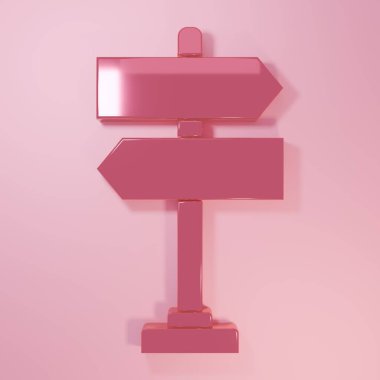 Pembe yol trafik levhası. Pembe arkaplanda izole edilmiş işaret simgesi. İşaretçi sembolü. İzole sokak bilgi levhası. Yön tabelası. Minimalizm kavramı. 3 Boyutlu resimleme.