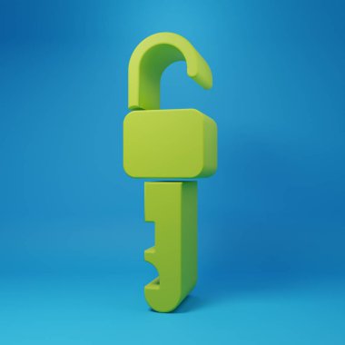 Yeşil Açılmış anahtar simgesi mavi arkaplanda izole edildi. Minimalizm kavramı. 3 Boyutlu resimleme.