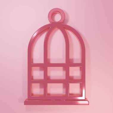 Pembe arka planda izole edilmiş kuş simgesi için pembe kafes. Minimalizm kavramı. 3 Boyutlu resimleme.