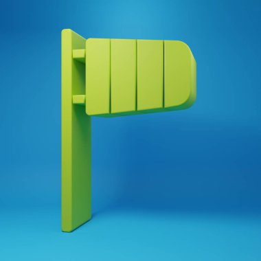 Green Cone meteorology windsock wind vane icon isolated on blue background. Windsock indicate the direction and strength of the wind. Minimalism concept. 3D render illustration.