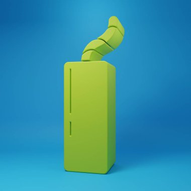 Yeşil Patlayıcı bomba çubuğu ve zamanlayıcı ikonu mavi arka planda izole edildi. Saatli bomba - patlama tehlikesi kavramı. Minimalizm kavramı. 3 Boyutlu resimleme.