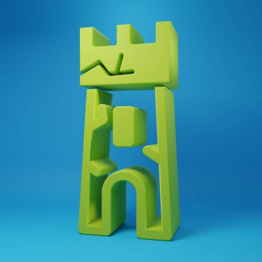 Green Castle tower icon isolated on blue background. Fortress sign. Minimalism concept. 3D render illustration.