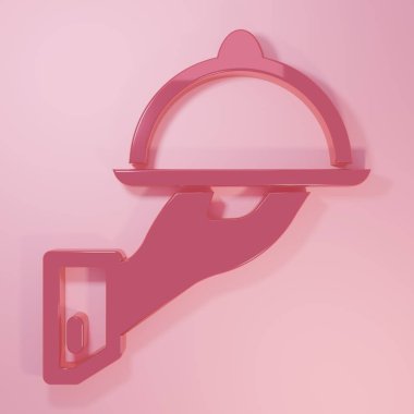Pembe kaplamalı, pembe arka planda izole edilmiş yemek ikonu tepsisi. Tepsi ve kapak işareti. Kapaklı bir restoran saati. Minimalizm kavramı. 3 Boyutlu resimleme.