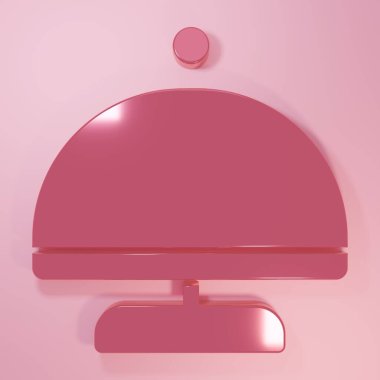 Pembe kaplamalı, pembe arka planda izole edilmiş yemek ikonu tepsisi. Tepsi ve kapak işareti. Kapaklı bir restoran saati. Minimalizm kavramı. 3 Boyutlu resimleme.