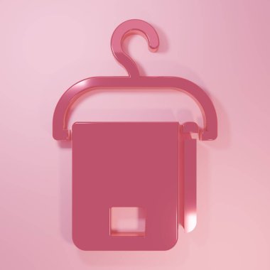 Pembe havlu, pembe arka planda izole edilmiş askı simgesi. Banyo havlusu ikonu. Minimalizm kavramı. 3 Boyutlu resimleme.
