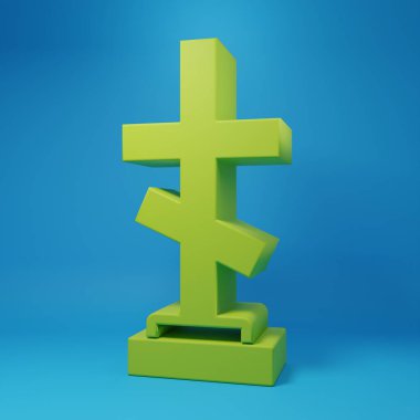 Green Grave with cross icon isolated on blue background. Minimalism concept. 3D render illustration.