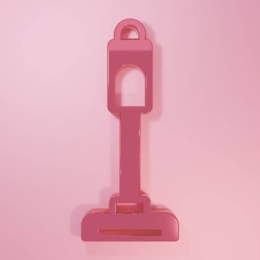 Pembe süpürge ikonu pembe arka planda izole edilmiş. Minimalizm kavramı. 3 Boyutlu resimleme.