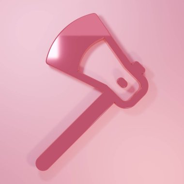 Pembe tahta balta ikonu pembe arka planda izole edilmiş. Oduncu baltası. Minimalizm kavramı. 3 Boyutlu resimleme.
