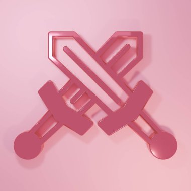 Pembe haçlı ortaçağ kılıç ikonu pembe arka planda izole edilmiş. Ortaçağ silahı. Minimalizm kavramı. 3 Boyutlu resimleme.