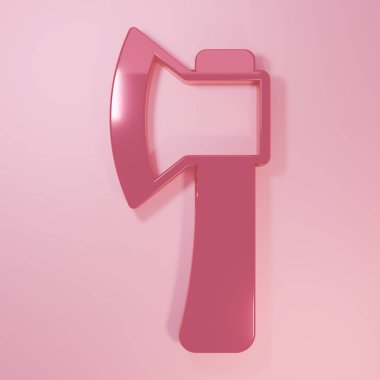 Pembe tahta balta ikonu pembe arka planda izole edilmiş. Oduncu baltası. Minimalizm kavramı. 3 Boyutlu resimleme.