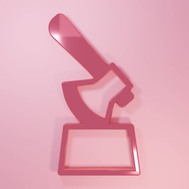 Pembe arka planda izole edilmiş kütük simgesindeki pembe tahta balta. Oduncu baltası. Balta tahtaya saplanmış. Odun kesiyorum. Minimalizm kavramı. 3 Boyutlu resimleme.