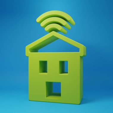 Mavi arka planda kablosuz ağ ikonu olan Green Smart evi. Uzaktan kumanda. Minimalizm kavramı. 3 Boyutlu resimleme.