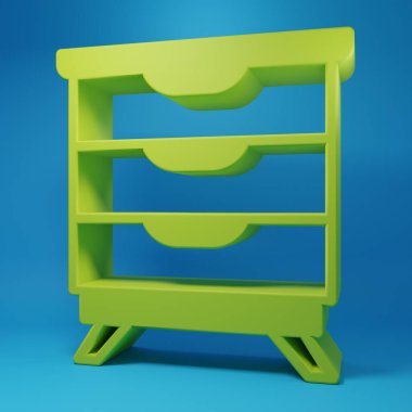 Mavi arkaplanda yeşil mobilya komodininin simgesi izole edildi. Minimalizm kavramı. 3 Boyutlu resimleme.